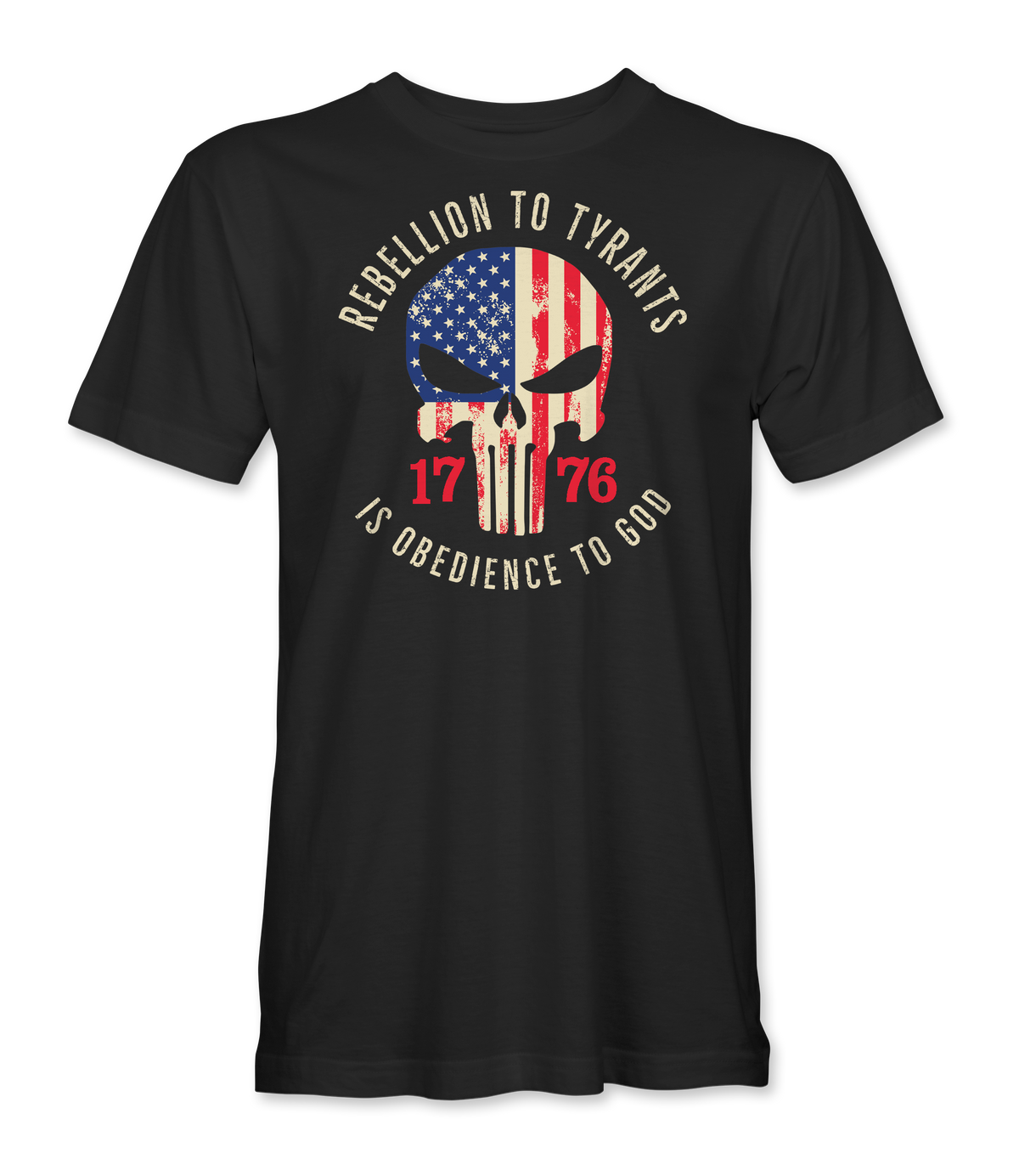 The Alex Jones Store - Black 'Rebellion To Tyrants Is Obedience To God' t-shirt with American flag punisher skull and 1776 graphic on front
