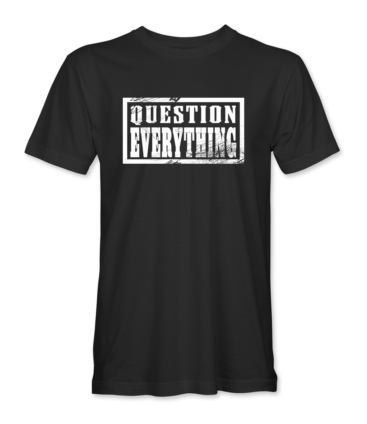 The Alex Jones Store - Black 'Question Everything' t-shirt with bold white stamp-style typography logo on front