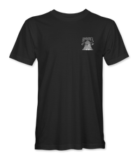 The Alex Jones Store - Front of black t-shirt with small white Liberty Bell graphic and 1776 chest print, Alex Jones Crackdown design