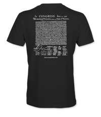 The Alex Jones Store - Back of black 'Crackdown Declaration of Alex' t-shirt with white Declaration of Independence text and AJ signature