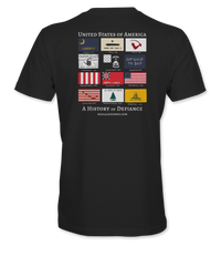 The Alex Jones Store - History Of Defiance T-Shirt — Back of black History Of Defiance tee with United States of America historic flags collage and 'A History of Defiance' text
