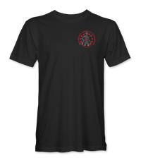 The Alex Jones Store - Front of black History Of Defiance T-Shirt with small red circular minuteman crest emblem on left chest, unisex fit