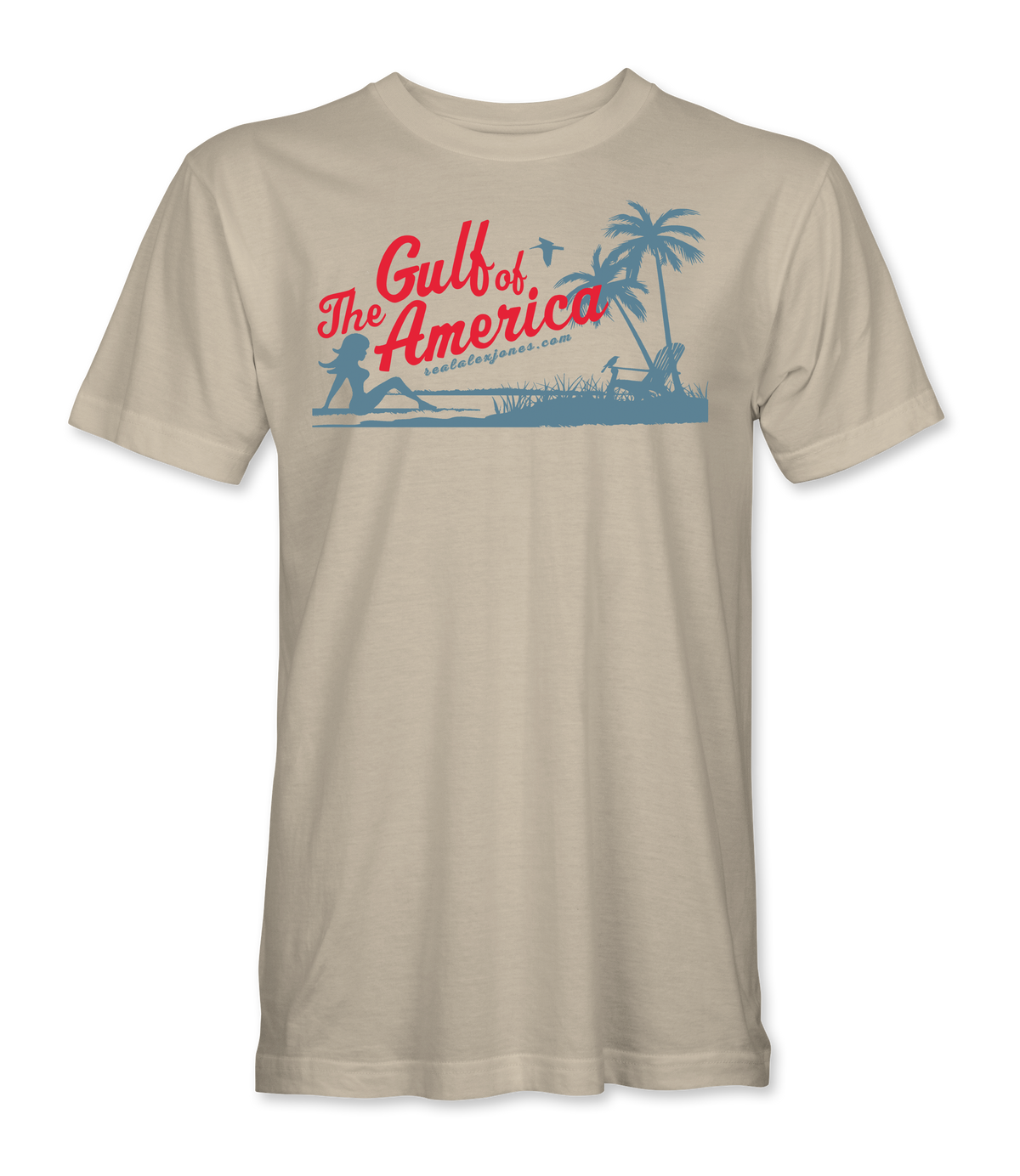 The Alex Jones Store - Sand cream tee with red 'The Gulf of America' script and blue palm tree beach silhouette graphic, unisex Gulf Of America T-Shirt