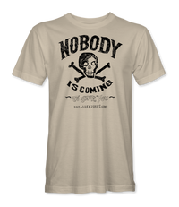 The Alex Jones Store - Sand tan Nobody Is Coming To Save You T-Shirt with distressed black skull-and-crossbones illustration and vintage typography