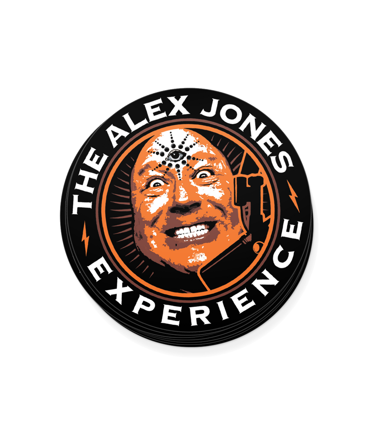 The Alex Jones Store - Round black and orange vinyl decal of Alex Jones with third eye, headset, reading 'The Alex Jones Experience'
