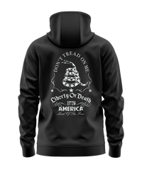 The Alex Jones Store - Black hoodie back view with white 'Don't Tread On Me Liberty Or Death 1776 America' coiled snake graphic