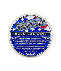 The Alex Jones Store - Back side of Hold The Line challenge coin with 'We The People Hold The Line' blue enamel and Reagan freedom quote