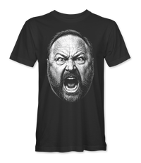 The Alex Jones Store - Front of black Alex Jones Battle Cry t-shirt with large hand-drawn stipple portrait of Alex Jones mid-shout