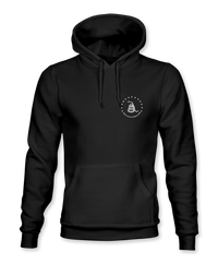 The Alex Jones Store - Live Free Or Die Hoodie — Black pullover hoodie front view, blank with small Gadsden snake circle logo on left chest