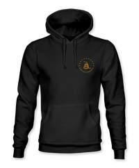 The Alex Jones Store - Black Molon Labe hoodie front view with small gold Gadsden rattlesnake circle crest on left chest, hood up