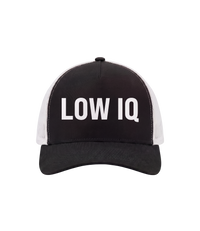 The Alex Jones Store - Black and white 'Low IQ' Limited Edition trucker hat with bold white text on black front panel and white mesh back