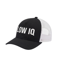 The Alex Jones Store - Side view of black and white 'Low IQ' Limited Edition trucker hat showing curved visor, structured front and mesh sides