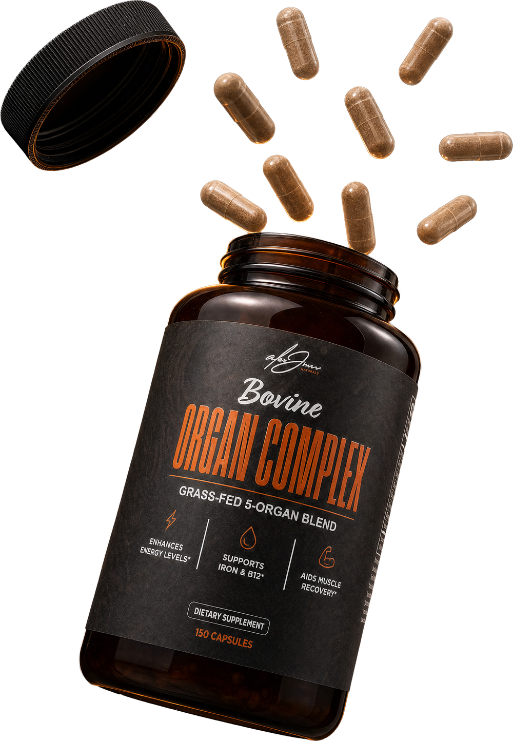 Bovine Organ Complex bottle with capsules spilling from the open top