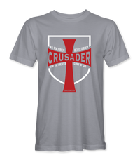 The Alex Jones Store - Light gray Crusader For The Glory Of God t-shirt with bold red cross and shield emblem on front chest