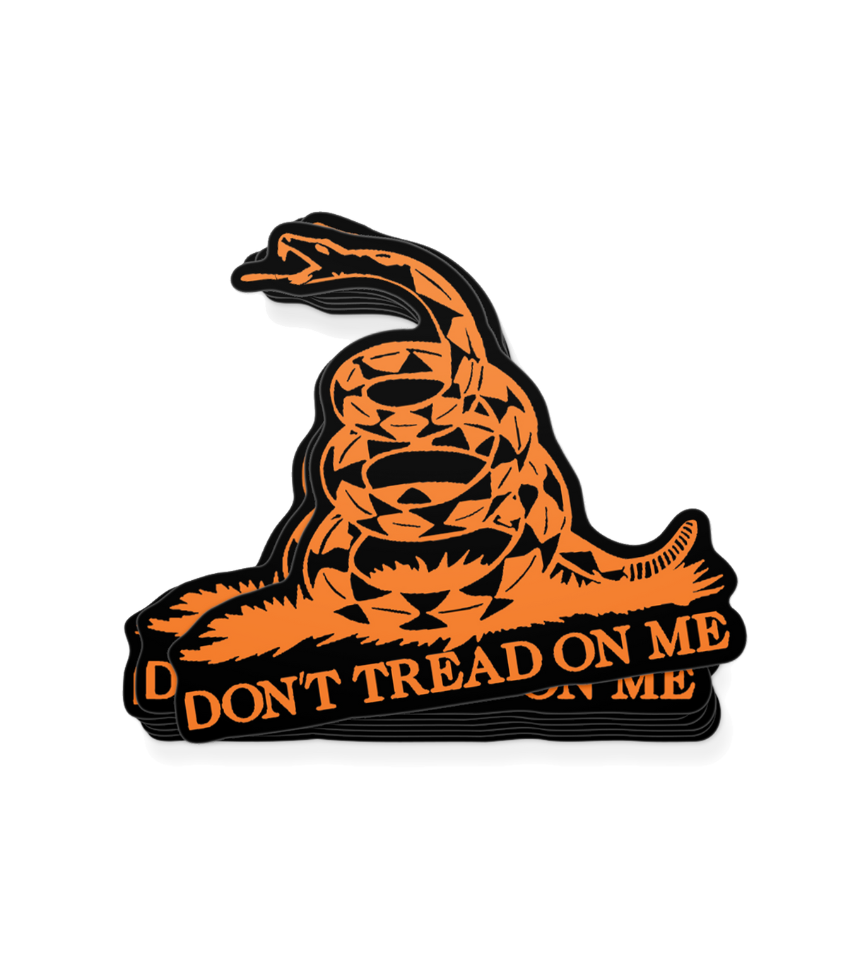 The Alex Jones Store - Black and orange die-cut vinyl decal of coiled Gadsden flag rattlesnake with 'Don't Tread On Me' banner