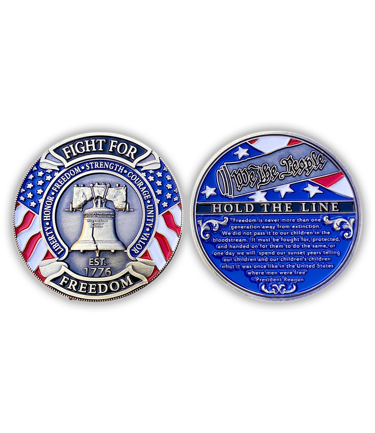 The Alex Jones Store - Hold The Line challenge coin set, front and back views with 'Fight For Freedom' Liberty Bell and 'We The People' Reagan quote