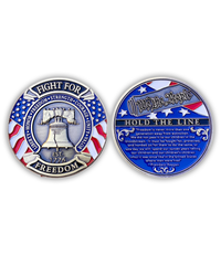 The Alex Jones Store - Hold The Line challenge coin set, front and back views with 'Fight For Freedom' Liberty Bell and 'We The People' Reagan quote