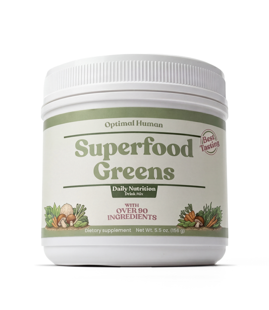 Alex Jones Naturals - White tub of Optimal Human Superfood Greens daily nutrition drink mix with over 90 ingredients, 5.5 oz powder