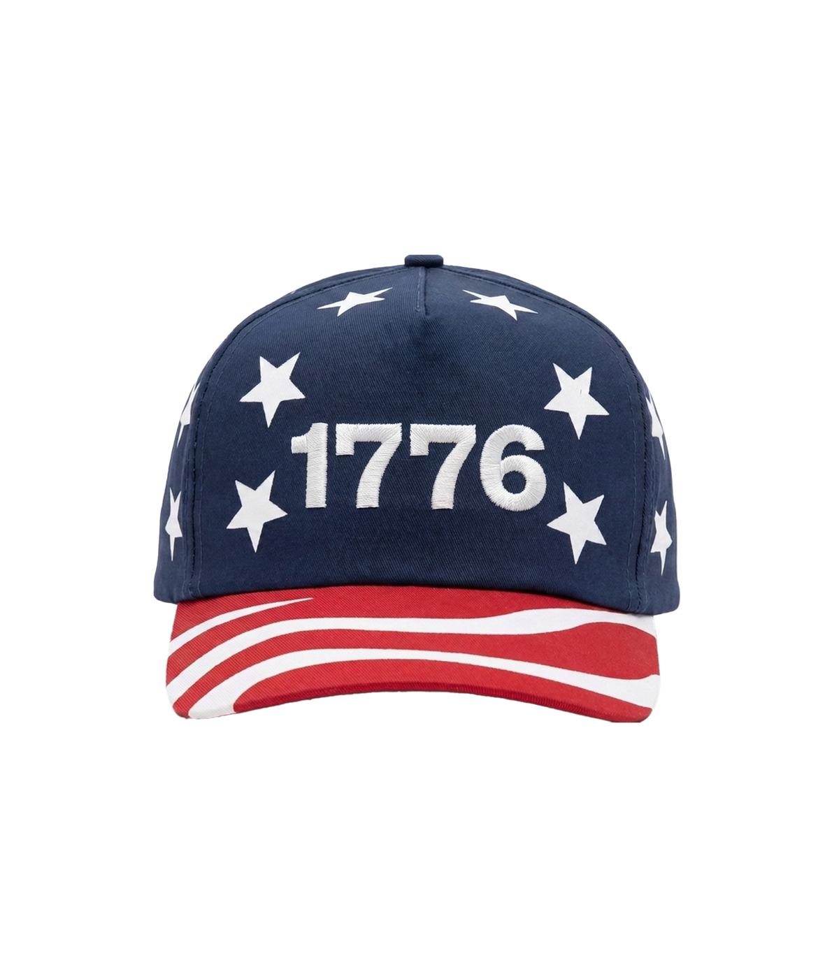 The Alex Jones Store - Front of navy 1776 Flag Bill hat with raised white embroidered 1776, ring of white stars and red and white striped flag bill