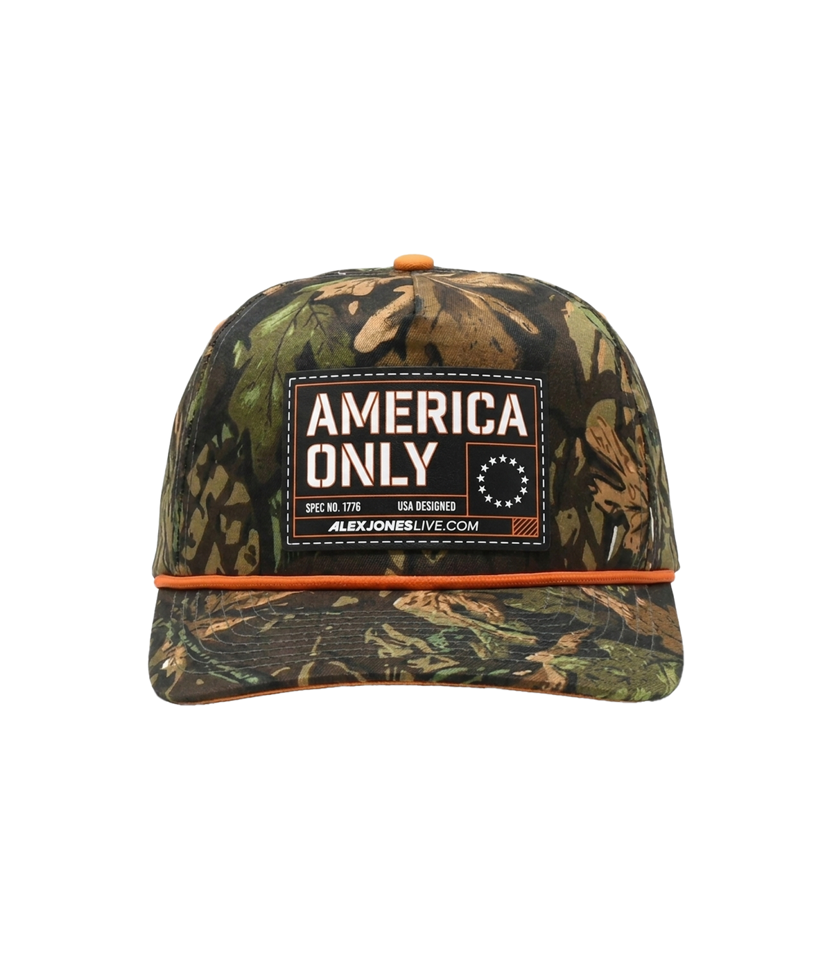 The Alex Jones Store - Front of forest camo America Only hat with blacked-out patch, blaze orange rope and orange button