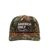 The Alex Jones Store - Front of forest camo America Only hat with blacked-out patch, blaze orange rope and orange button