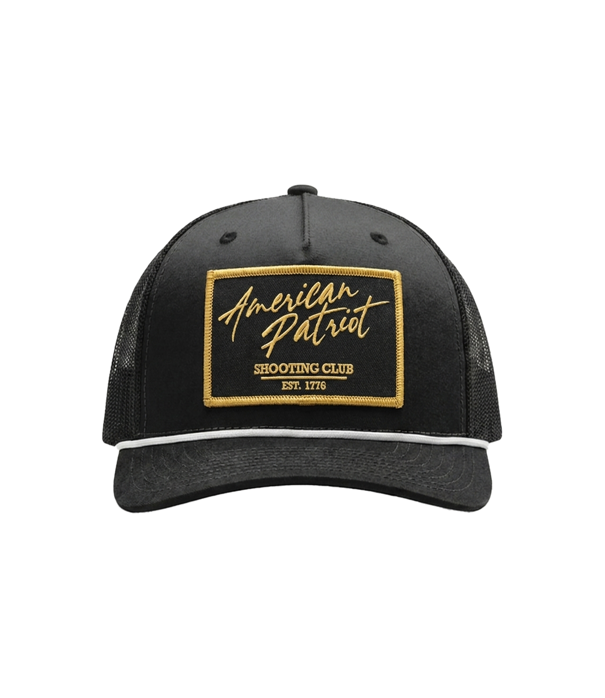 The Alex Jones Store - Front of black American Patriot Shooting Club hat with gold-bordered stitched patch, white rope and black mesh back