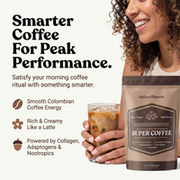 Alex Jones Naturals - Optimal Human Adaptogenic Mushroom Super Coffee — Lifestyle image of woman holding Optimal Human Super Coffee pouch and iced latte, 'Smarter Coffee For Peak Performance'