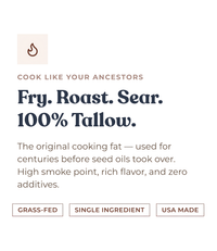 Alex Jones Naturals - Beef Tallow benefits graphic 'Fry. Roast. Sear. 100% Tallow.' with grass-fed, single ingredient, USA made badges