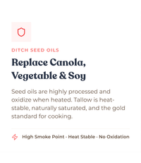 Alex Jones Naturals - Pure Grass-Fed Beef Tallow — Beef Tallow infographic 'Ditch Seed Oils' replacing canola, vegetable, soy with high smoke point heat stable fat