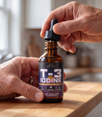 Alex Jones Naturals - T-3 Trifecta Iodine Tincture (90 Servings) — Older hands holding amber T-3 Iodine dropper bottle on a wooden countertop in a softly lit kitchen, lifting the dropper cap