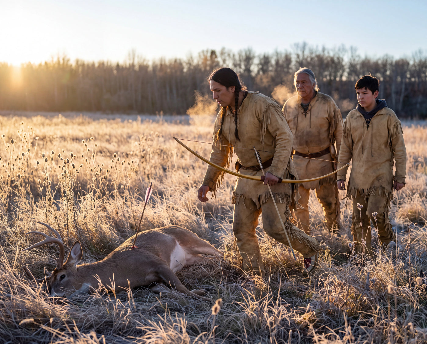 Native American hunters walking up on a whitetail deer they took with a bow at sunset