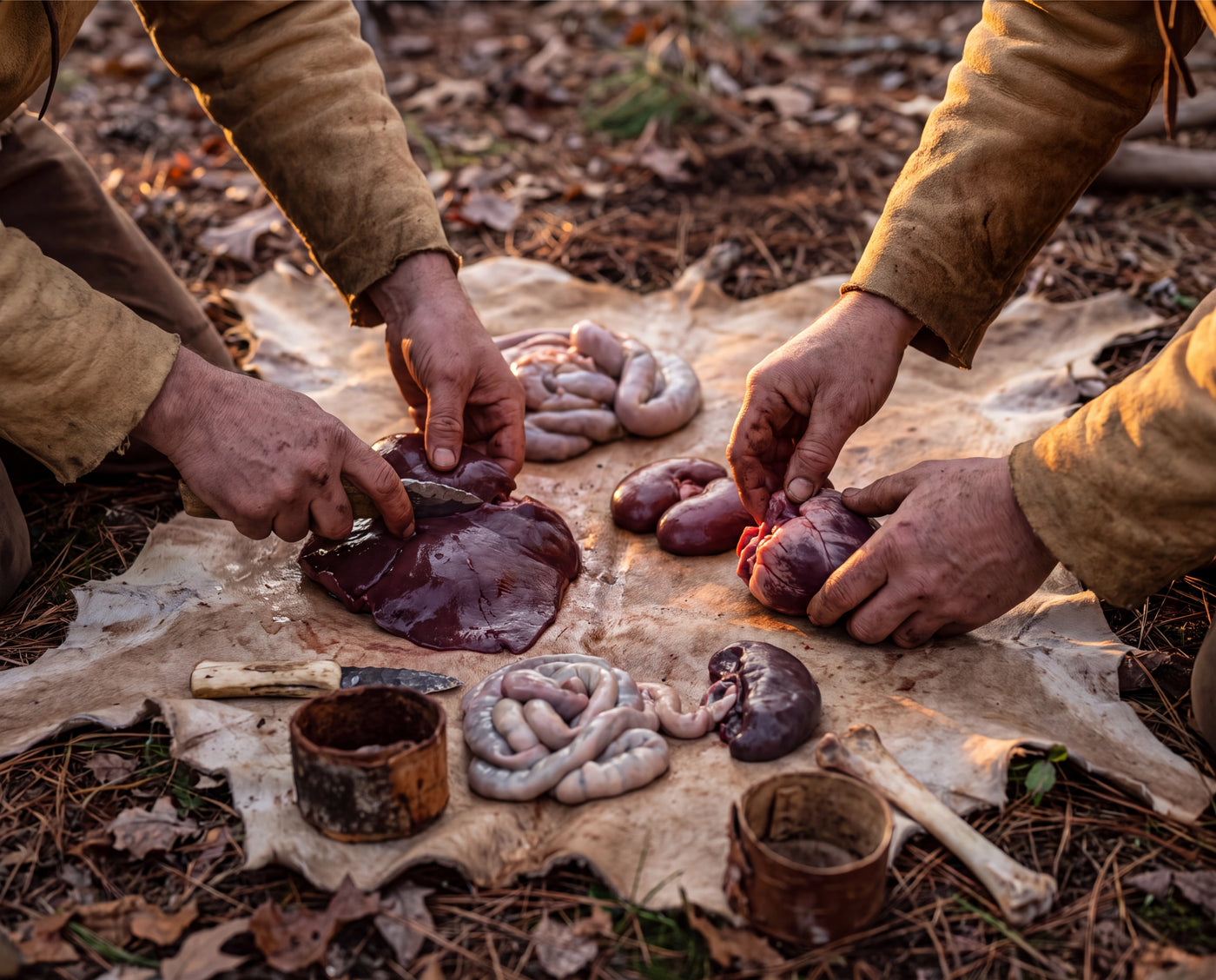 Experienced hands cleaning and sorting deer organs on a stretched hide with stone tools at dusk