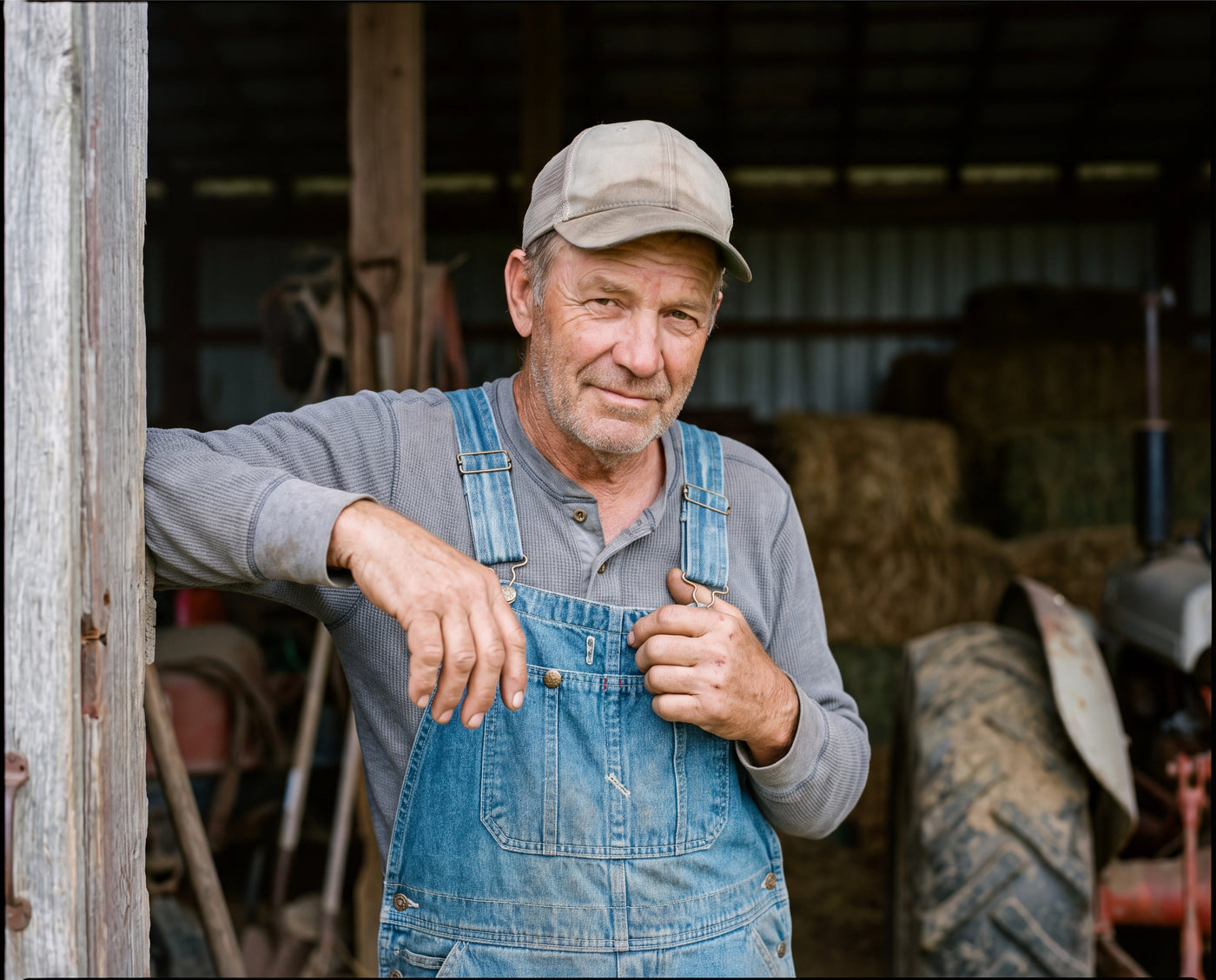 An older farmer in overalls and a worn trucker hat looking at the camera with a knowing half-smile