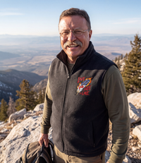 Live Free Or Die Full-Zip Fleece Vest in black, worn on a mountain overlook