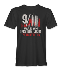 The Alex Jones Store - Front of black 9/11 Was An Inside Job t-shirt with distressed Twin Towers skyline and 25 Years Of Lies in red