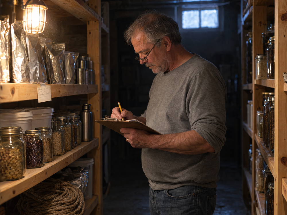 Man in his sixties taking inventory of a home storage room with a clipboard