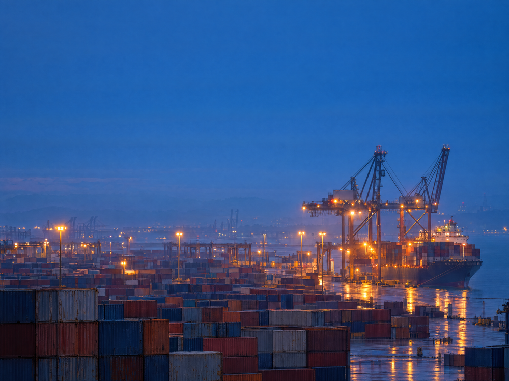 Container port at dusk with stacked shipping containers and gantry cranes