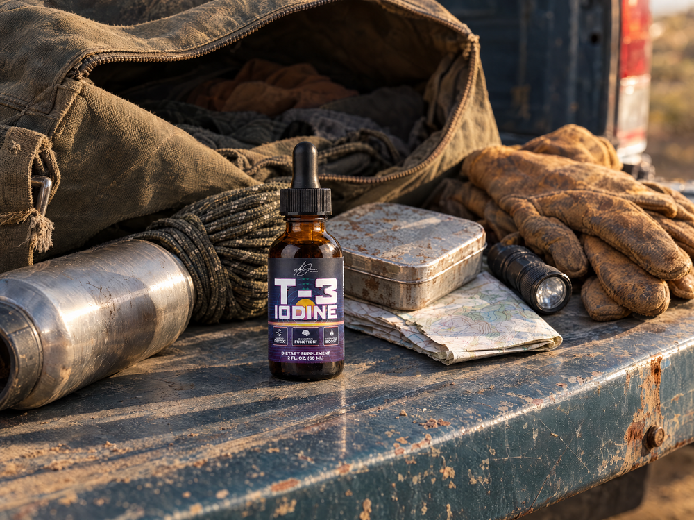 Packed canvas duffel open on a pickup tailgate with the T-3 Trifecta Iodine bottle among the contents