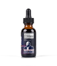 Alex Jones Naturals - T-3 Trifecta Iodine Tincture (90 Servings) — Side view of T-3 Trifecta Iodine dropper bottle showing supplement facts and 'Personally Recommended By Alex Jones' label