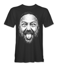 The Alex Jones Store - Front of black Alex Jones Big Face t-shirt with large hand-drawn stipple portrait of Alex Jones