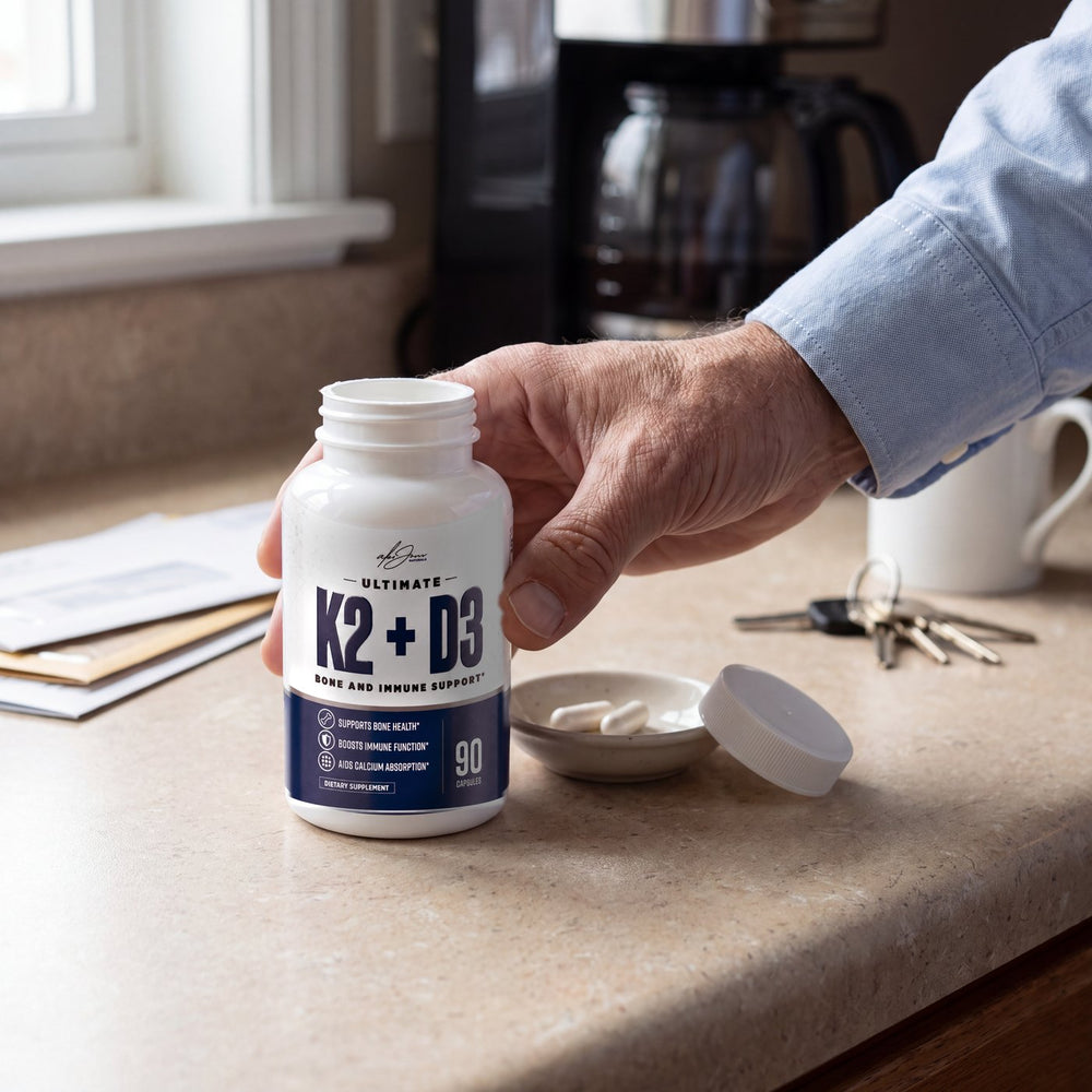 Man reaching for his Ultimate K2 + D3 bottle on the kitchen counter