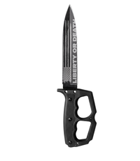 The Alex Jones Store - Liberty or Death Trench War Dagger reverse side with an American flag and "Liberty or Death" etched on the blade