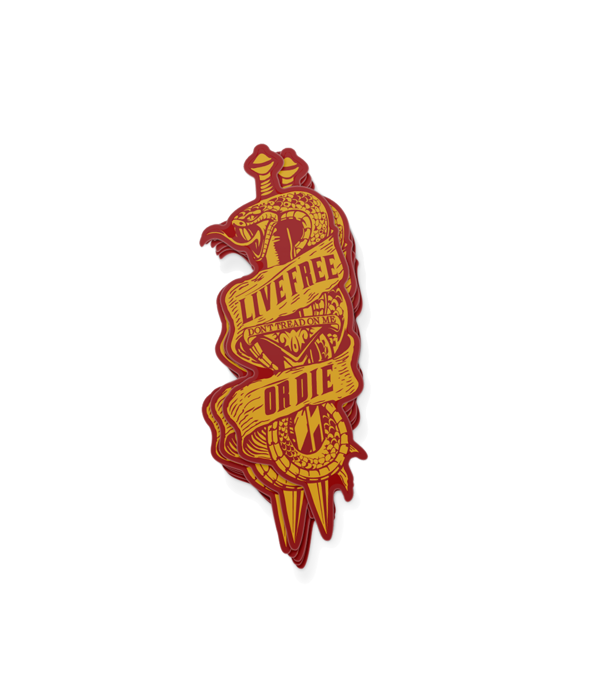 The Alex Jones Store - Red and gold die-cut vinyl decal of dagger piercing snake with 'Live Free Or Die' banner wrapped around blade