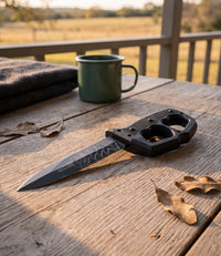 The Alex Jones Store - Molon Labe Trench War Dagger lying on a weathered oak porch table at golden hour