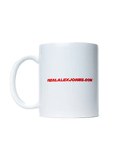 The Alex Jones Store - "I Do My Research" Limited Edition Coffee Mug — Rear view of white I Do My Research ceramic mug with red realalexjones.com URL printed across the back