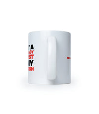 The Alex Jones Store - "I Do My Research" Limited Edition Coffee Mug — Side profile of white I Do My Research ceramic mug showing handle with red and black slogan text visible on the side
