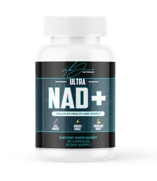 Alex Jones Naturals - White bottle of Ultra NAD+ Cellular Health & Energy supplement, 60 capsules, 30 day supply with teal label