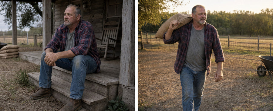 The same man resting on his porch steps, then carrying a feed sack across the yard at golden hour