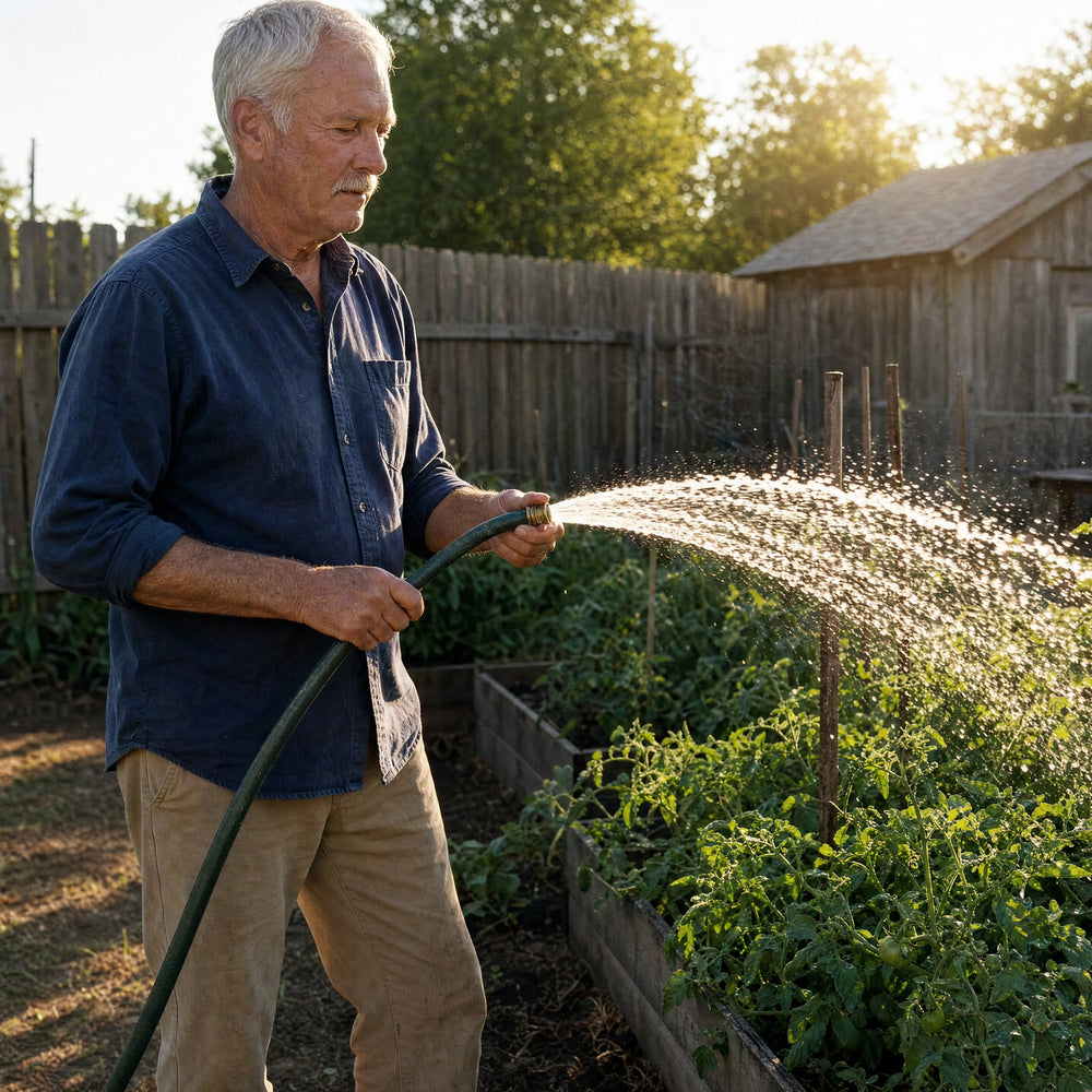 A man watering his tomato garden with a garden hose at sunrise