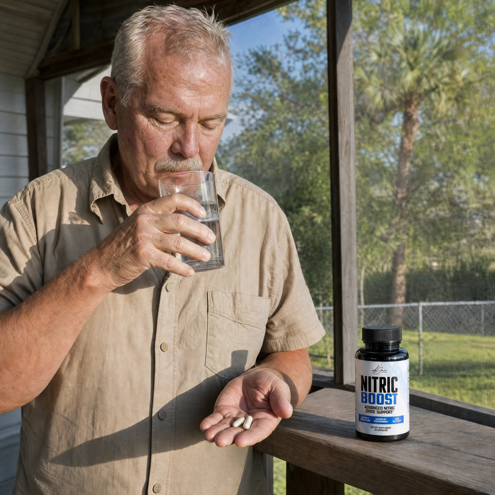 A man on his back porch with two capsules in his palm and a glass of water, Nitric Boost on the rail
